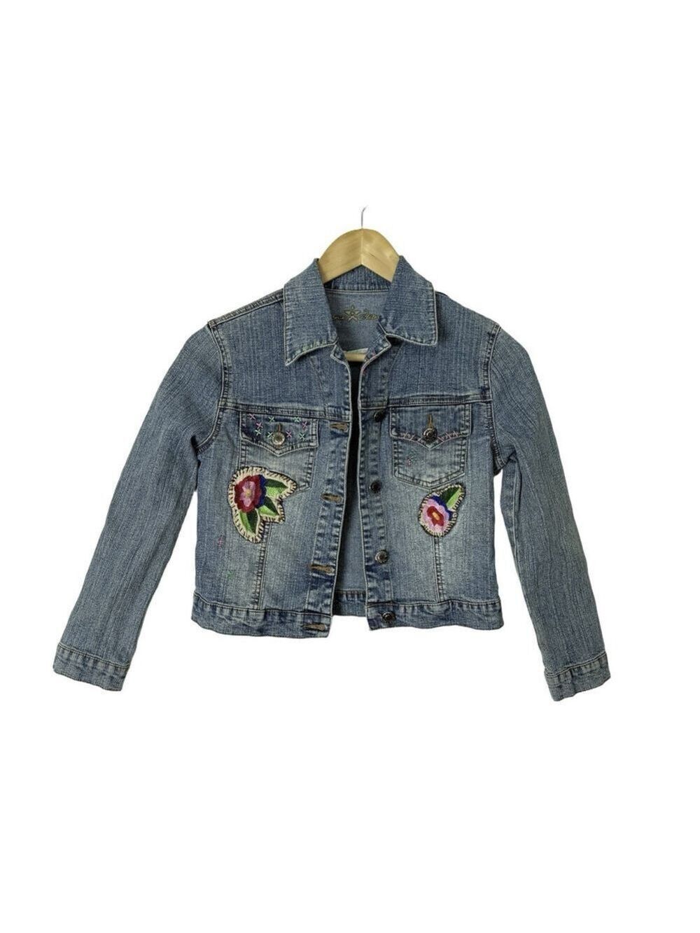 Arizona Girls Embroidered Denim Jean Jacket MED Floral & Butterfly Patches